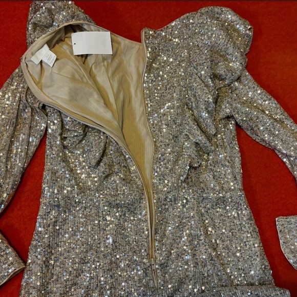 H&M festive cream flounce-trimmed sequined long sleeve mini dress NWT - Picture 7 of 10